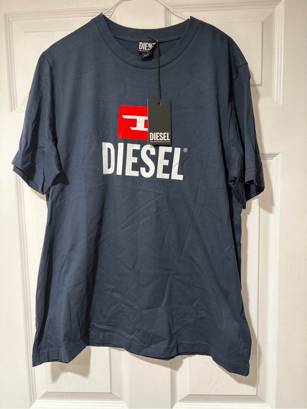 Diesel Navy Short Sleeve Logo Tee with Red Accent